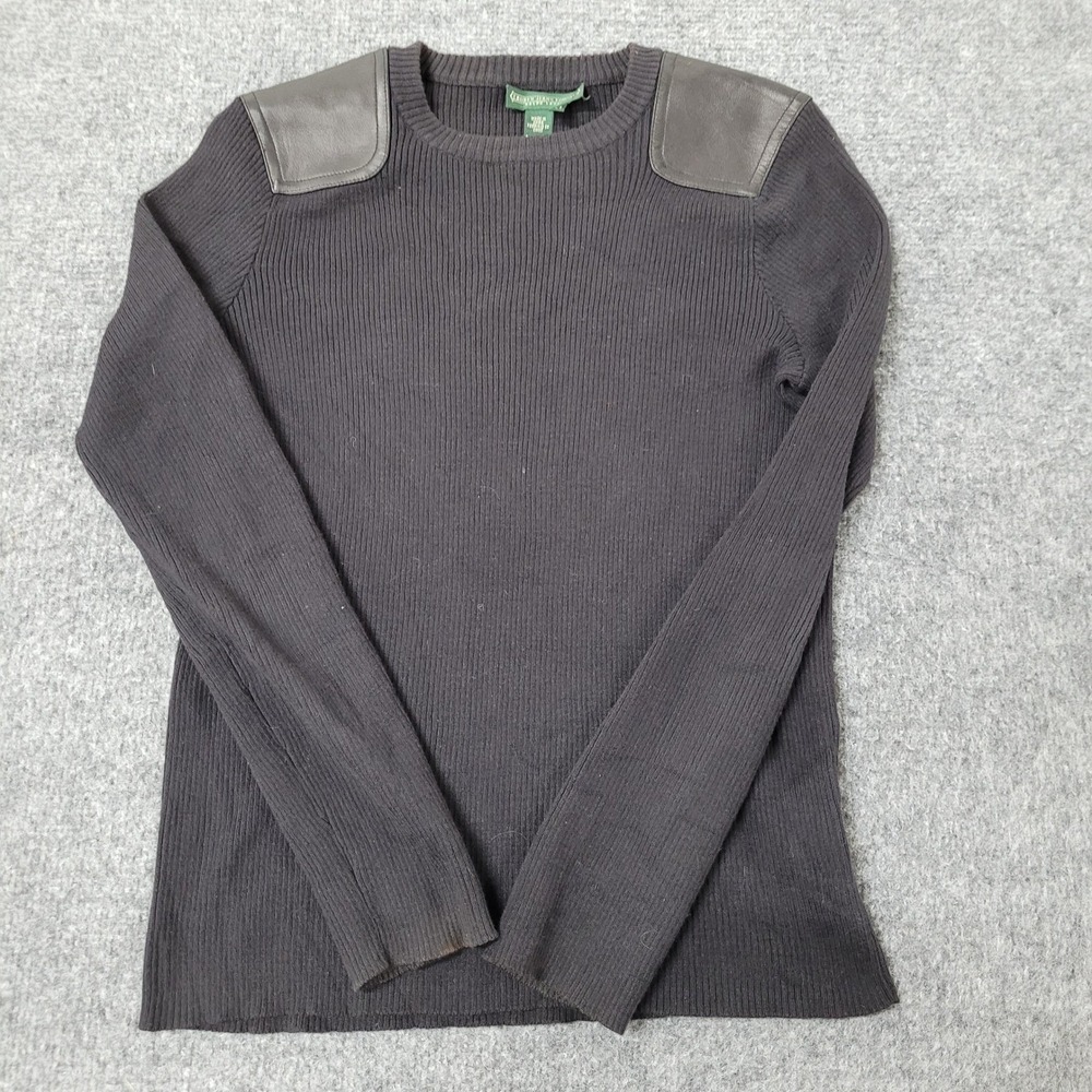 Lauren Ralph Lauren Sweater Womens Size PS Black Leather Patch Ribbed Cotton
